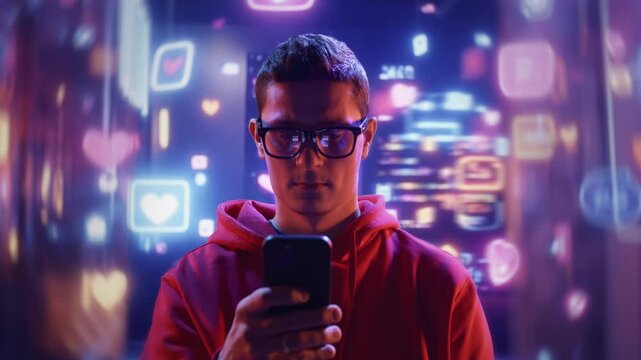 Social Media User Checking Phone In Neon City Night Digital Life Modern Technology