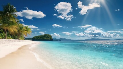 Obraz premium Sun rays are shining through clouds over a beautiful tropical beach with white sand, palm trees, turquoise water, and islands in the background