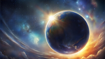 Fototapeta premium Stunning view of a glowing planet in a colorful galaxy
