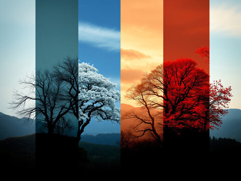 four silhouettes of human profiles. Each silhouette indicates a different season, located in vertical panels. Cold crystalline winter, blooming spring with delicate pastel tones, lush and green greene