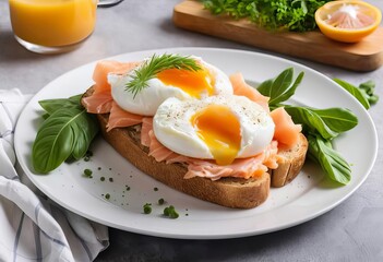 A poached egg on top of a slice of toast with smoked salmon and melted cheese, garnished with herbs and sliced cherry tomatoes