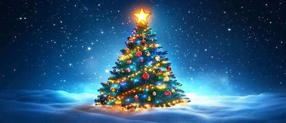 Enchanting Christmas tree filled with festive tinsel with a glowing star on top set against a snowy winter landscape and a starry blue backdrop  A magical and cozy holiday scene