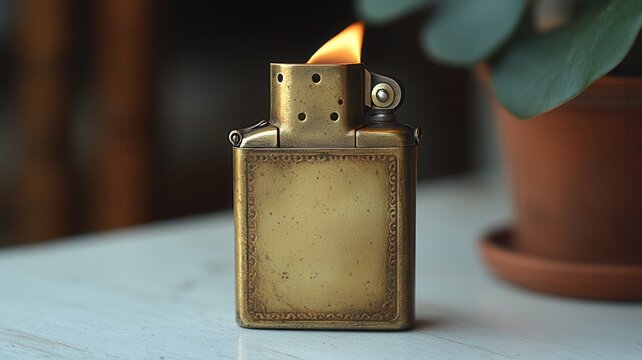 A vintage brass lighter with a flame stands on a tabletop, surrounded by greenery, showcasing a nostalgic and classic design. - Powered by Adobe