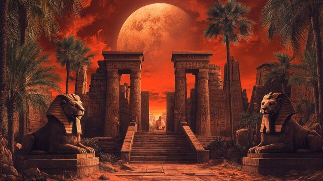 Illustration of a beautiful Egyptian temple painting with red sky, big moon and palm trees. Ai generated image