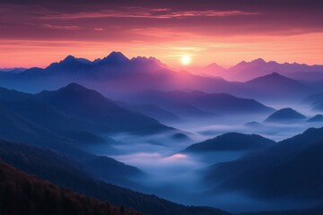 Fototapeta premium Golden sunshine illuminates the sky in vibrant shades of pink and orange, casting a stunning backdrop of misty mountain peaks and creating a tranquil and awe-inspiring scene