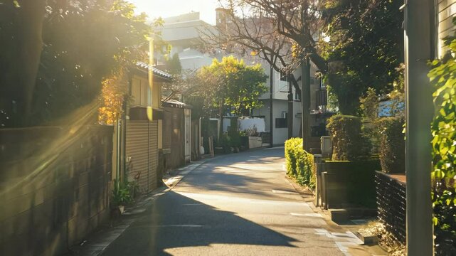 Narrow Japanese suburban street. Residential area of a small town in Japan. Morning walk in green sunny cityscape, neighborhood in Asian suburbia. Infrastructure in rural Osaka. Tree shadows.