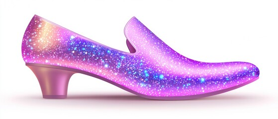 Obraz premium A stylish pink and purple glittery shoe with a low heel, featuring a cosmic starry design that adds a whimsical touch to footwear.