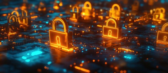 Glowing padlocks on a digital circuit board represent cybersecurity and data protection.