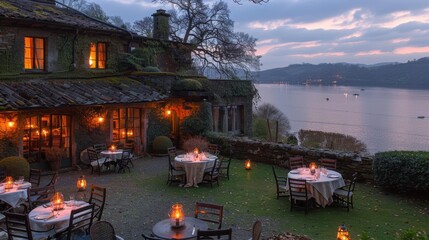 Obraz premium An enchanting outdoor dining experience on a scenic terrace overlooking a serene lake at dusk, surrounded by nature's tranquil beauty and ambient lighting