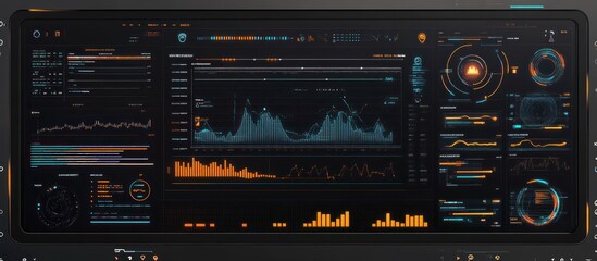 Futuristic digital dashboard displaying various data graphs and charts with orange and teal accents on a dark background.