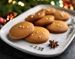 Close-up shot of gingerbread cookies served on a marble plate