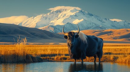 Majestic Yak in Mountain Lake Serene Wilderness Landscape Photography