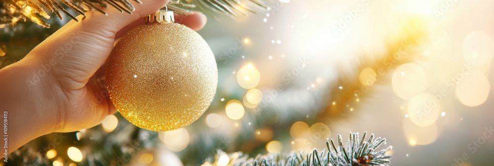 Poster hanging a shiny bauble on a christmas tree with festive lights in the background