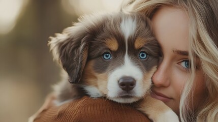 Fototapeta premium A young woman smiles as she holds her adorable puppy in the park