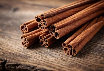 Cinnamon sticks on a rustic wooden table