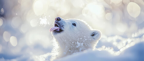 Fototapeta premium playful polar bear cub enjoying snow, with its tongue out, surrounded by sparkling winter landscape. scene captures joy and innocence of wildlife
