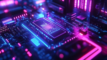 Obraz premium Futuristic circuit board with glowing neon lights and digital display.