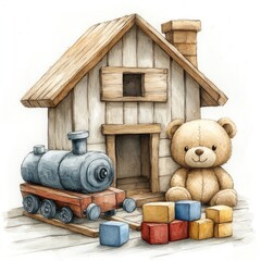 Playful Wooden House with Toy Train and Teddy Bear