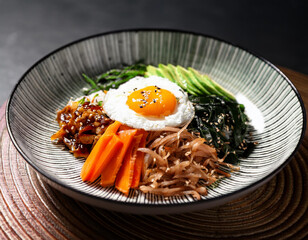 Close-up shot of Korean bibimbap served on a ceramic plate