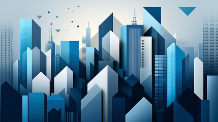 Fototapeta premium wide city facade with blue color different geometric shape buildings in white background and open sky