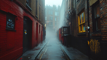 Fototapeta premium Moody Alley Scene with a Hazy Atmosphere and Dim Lighting. Perfect for Mysterious Urban Narratives