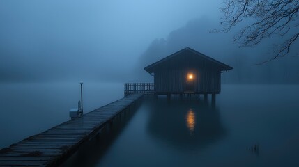 Serene Lake House at Dusk Misty Fog Tranquil Water Wooden Dock