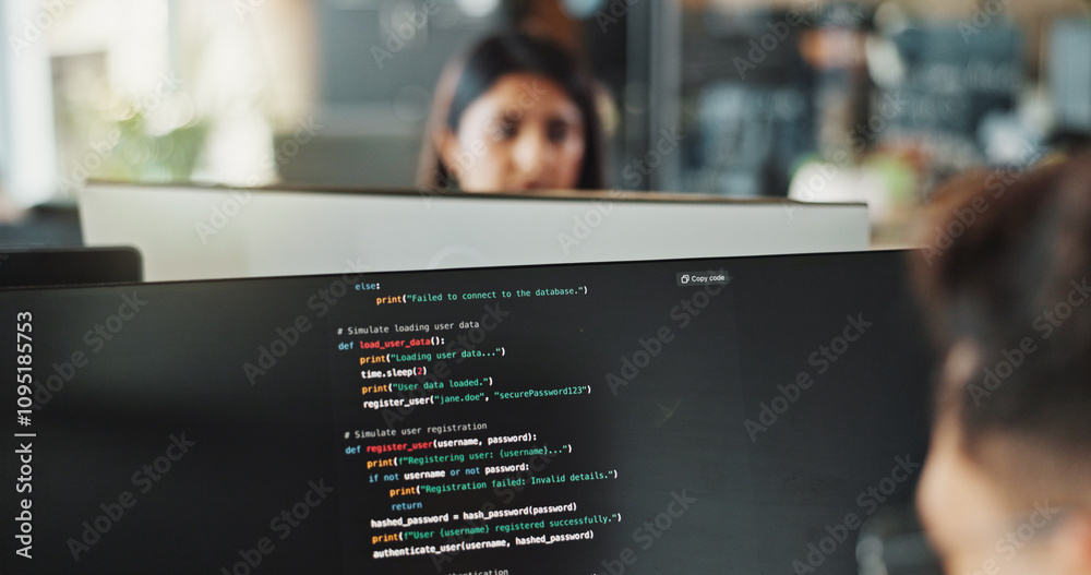 Fototapete People, programmer and computer screen with code for web design, prompt or login credentials. Technology, display or software developer with programming language for AI command or instructions