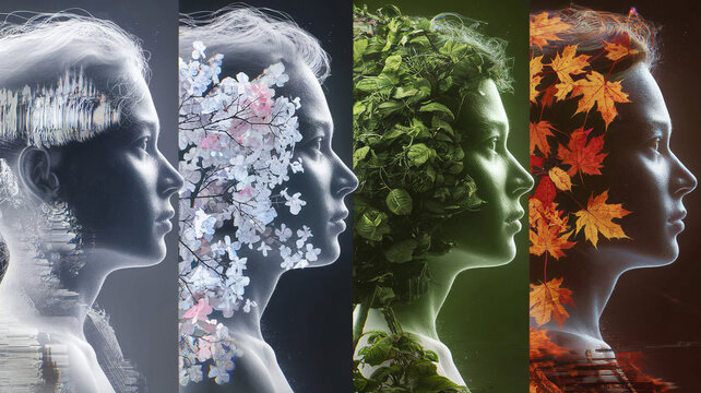 four silhouettes of human profiles. Each silhouette indicates a different season, located in vertical panels. Cold crystalline winter, blooming spring with delicate pastel tones, lush and green greene