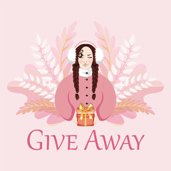 Brunette Woman  in pink coat gives away a present