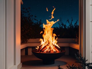 Fototapeta premium Captivating flames dancing in cozy outdoor fireplace at night.