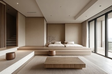 Fototapeta premium Modern minimalist living room interior design featuring wooden furniture and neutral colors