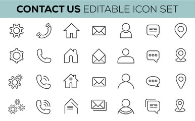 Contact us line icons set of telephone, settings, phone, e-mail, chat, pointer. Modern vector illustration.