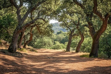 Hiking trail passing through lush forest with majestic trees creating a natural archway