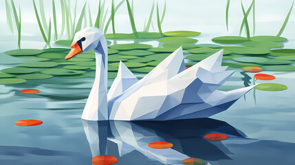 Obraz premium An elegant origami swan gliding on a pond. Colorful Origami Swans. Illustration