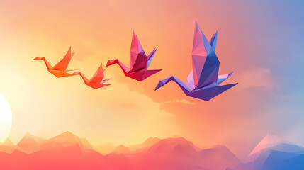 Abstract origami bird soaring in a colorful sunset sky. Colorful Origami Swans. Illustration