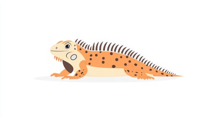 Naklejka premium Colorful Cartoon-style Illustration of a Friendly Lizard with Orange Skin, Black Spots, and Spiky Back Enjoying Its Time in a Bright Environment