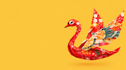Obraz premium A red origami swan with floral design on yellow background. Colorful Origami Swans. Illustration