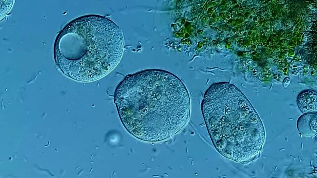 Movement of protozoa in pond water under DIC microscope 
