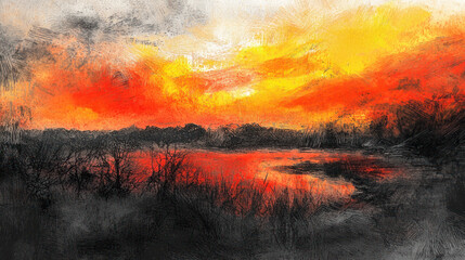 Naklejka premium Ethereal Abstract Landscape in Fiery Red, Orange, and Yellow Tones Captured in High Resolution Charcoal Sketch Style for Artistic Inspiration