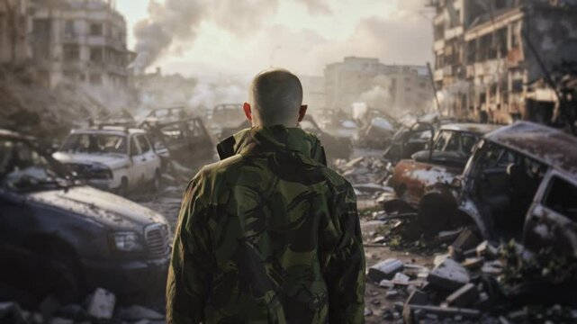 Soldier Observing War Torn City Ruins With Destroyed Cars Military Conflict Urban Destruction