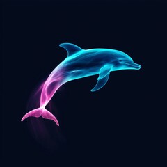 Fototapeta premium Neon glow dolphin leaping, turquoise and cyan mix