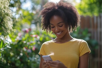 Smiling young woman using smartphone in green garden