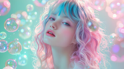 A cheerful girl with pastel hair surrounded by glowing iridescent bubbles, set against a dreamy teal background, evoking happiness and playful energy.