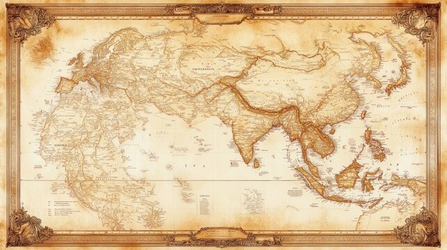 Antique Map Depicting Eurasia and Surrounding Waters