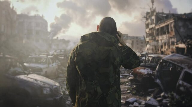 Soldier Looking At War Torn City Ruins Devastation Aftermath Conflict