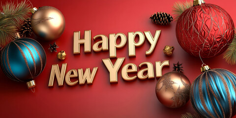 Happy New Year Text with Festive Ornaments on Red Background