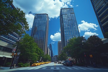Summer Rush Hour Yellow Cabs & Downtown Twin Towers