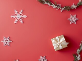 Festive Red Background with Holiday Decorations and Gift Box.