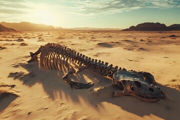 dinosaur skeleton fossil remains in a desert landscape with ancient bones and prehistoric creature...