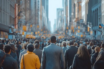 Obraz premium Sunlit City Avenue Dense Crowd of Pedestrians